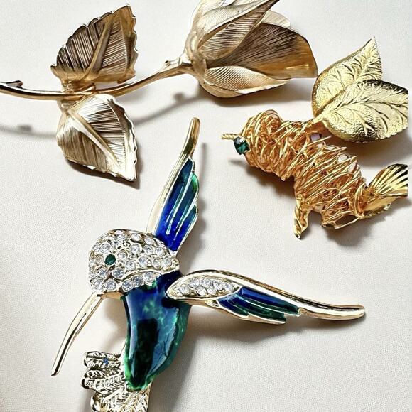 Vintage Signed Nature Brooch Lot Roman Giovanni Direction One Bird Flower Enamel - Picture 1 of 7